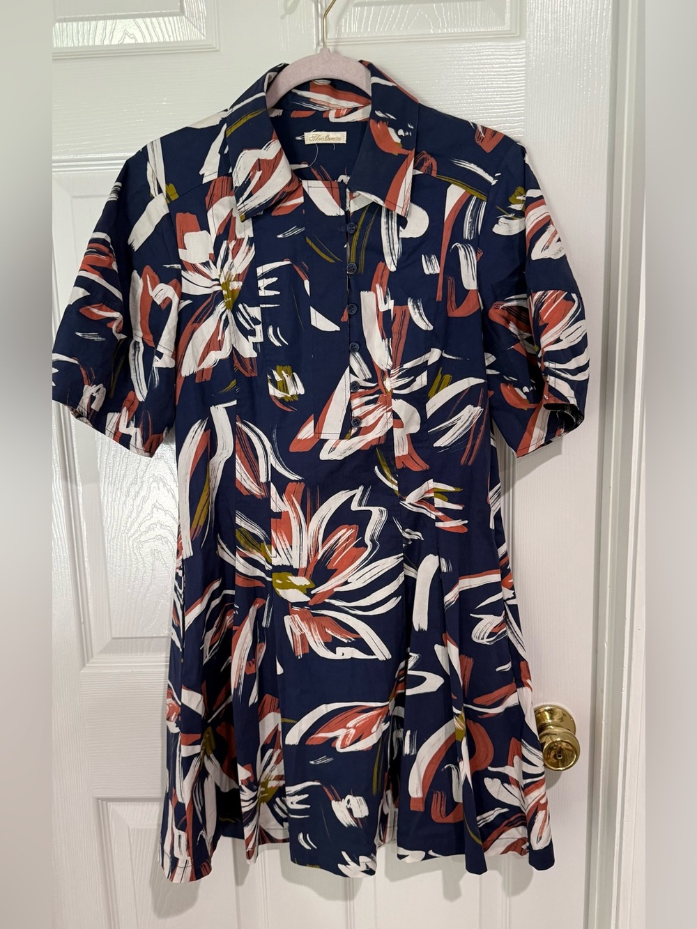 Shoshanna Navy Floral Midi Dress with White and Rust Brushstrokes